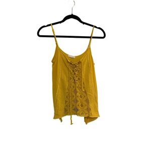 Coco + Jaimeson Yellow Eyelet Lace Up Sharkbite Hem Cami Top Small Boho Mustard